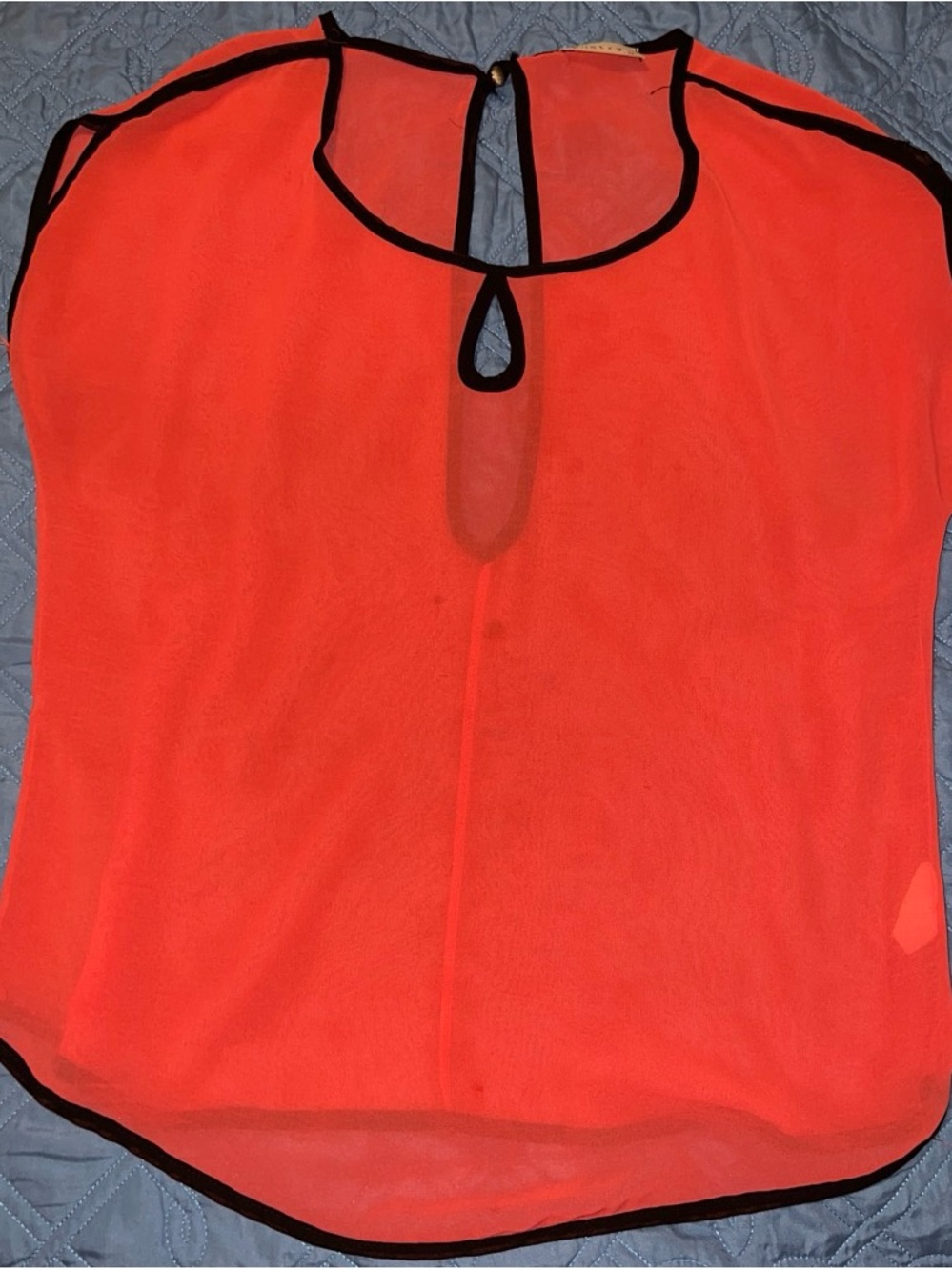 Women’s Neon Coral Sleeveless Blouse with Black Trim